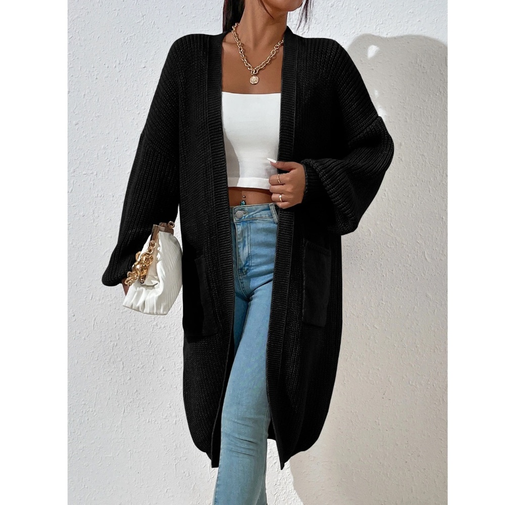 Black Duster Cardigan Front Pockets Cable Knit Long Sleeve Midi Length - Picture 5 of 8
